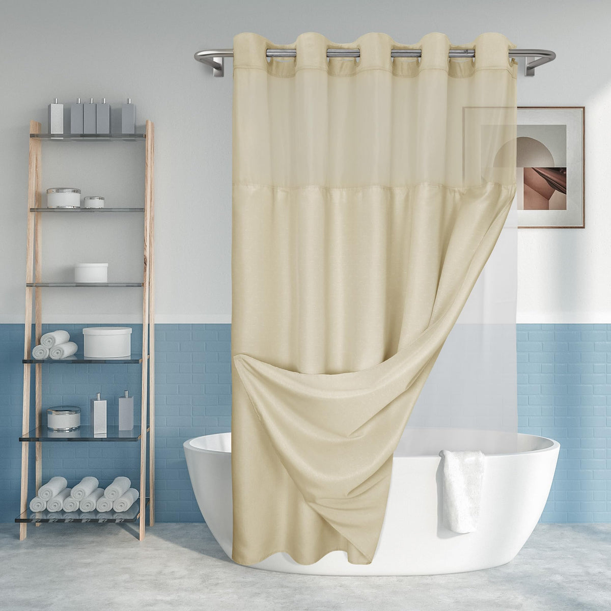 River Dream No Hook Shower Curtain with Snap-in Liner Set, White, 71x74