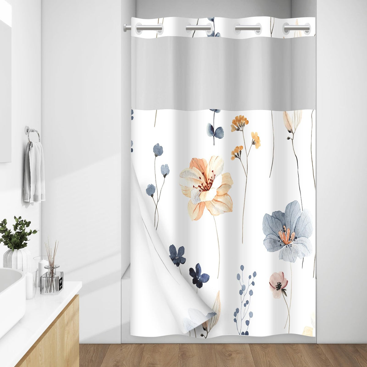 WITHLOC Hook Free Floral Shower Curtain with Liner, Blue Beige, 71x74