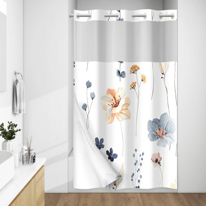 WITHLOC Hook Free Floral Shower Curtain with Liner, Blue Beige, 71x74