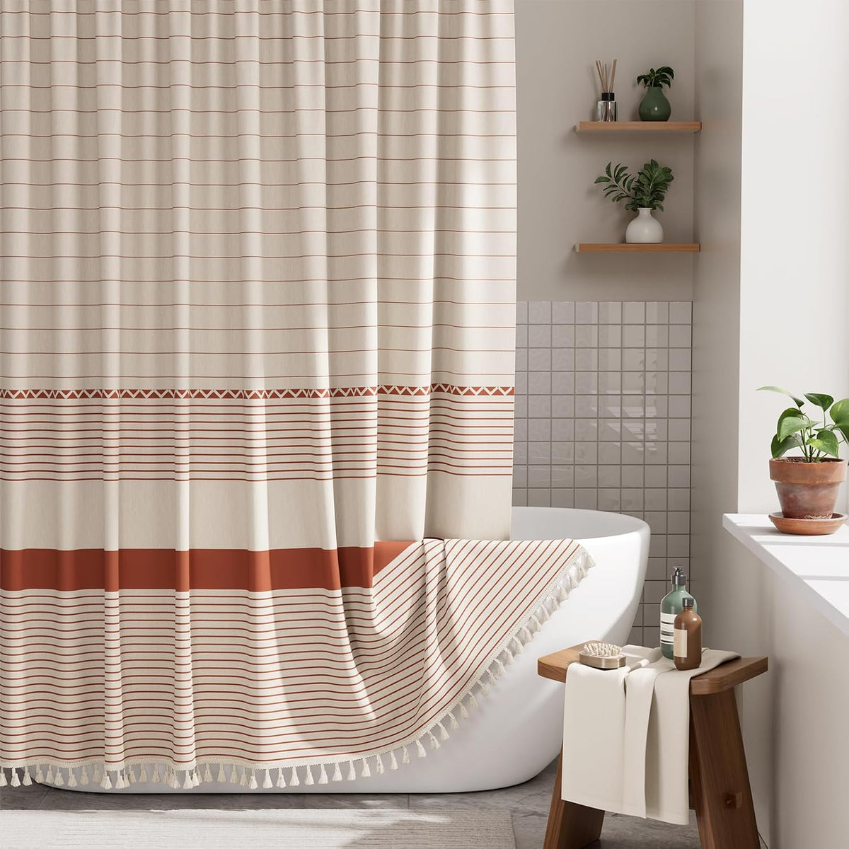 AmazerBath Boho Shower Curtain, Modern Farmhouse Shower Curtain Set with Tassels, Rustic Faux Linen Green Striped Shower Curtain with Hooks, Light Tan Toned, 72x72 Inches