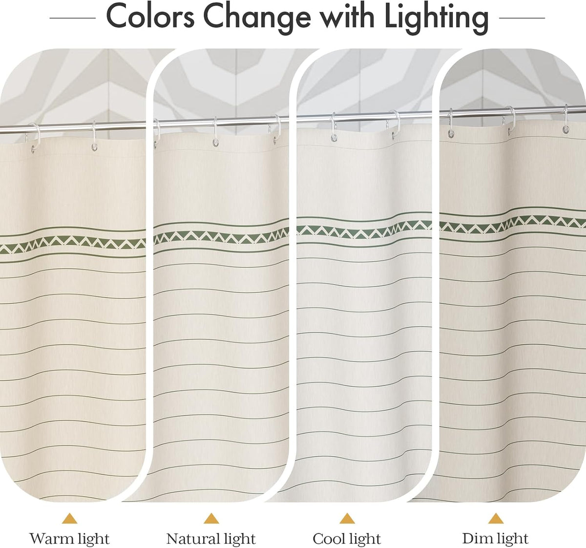 AmazerBath Boho Shower Curtain, Modern Farmhouse Shower Curtain Set with Tassels, Rustic Faux Linen Green Striped Shower Curtain with Hooks, Light Tan Toned, 72x72 Inches