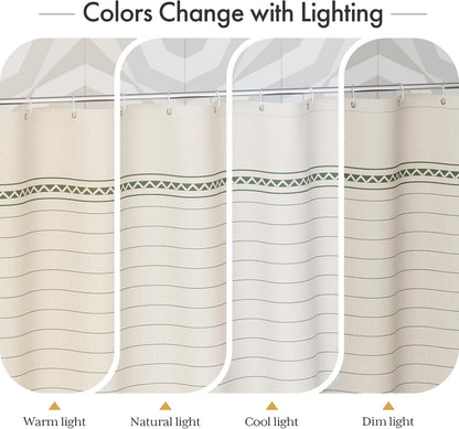 AmazerBath Boho Shower Curtain, Modern Farmhouse Shower Curtain Set with Tassels, Rustic Faux Linen Green Striped Shower Curtain with Hooks, Light Tan Toned, 72x72 Inches
