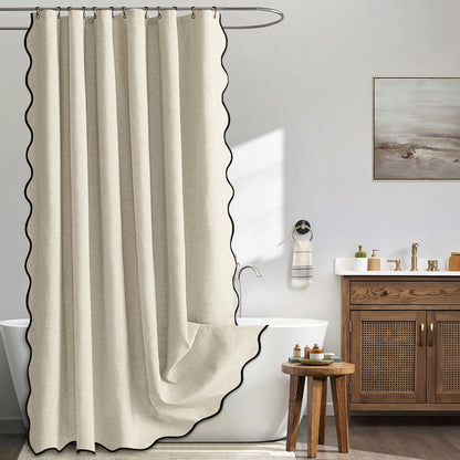 MIULEE Beige Scalloped Shower Curtain Linen Textured with 12 Metal Hooks Cute Heavy Duty Washable Waterproof Neutral Thick Cloth Shower Curtains with Black Border for Bathroom Bathtub,W72*L72 Cream