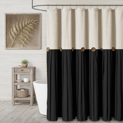 Farmhouse Shower Curtain Linen Beige Button Brown Stripe 72"W x 72"L