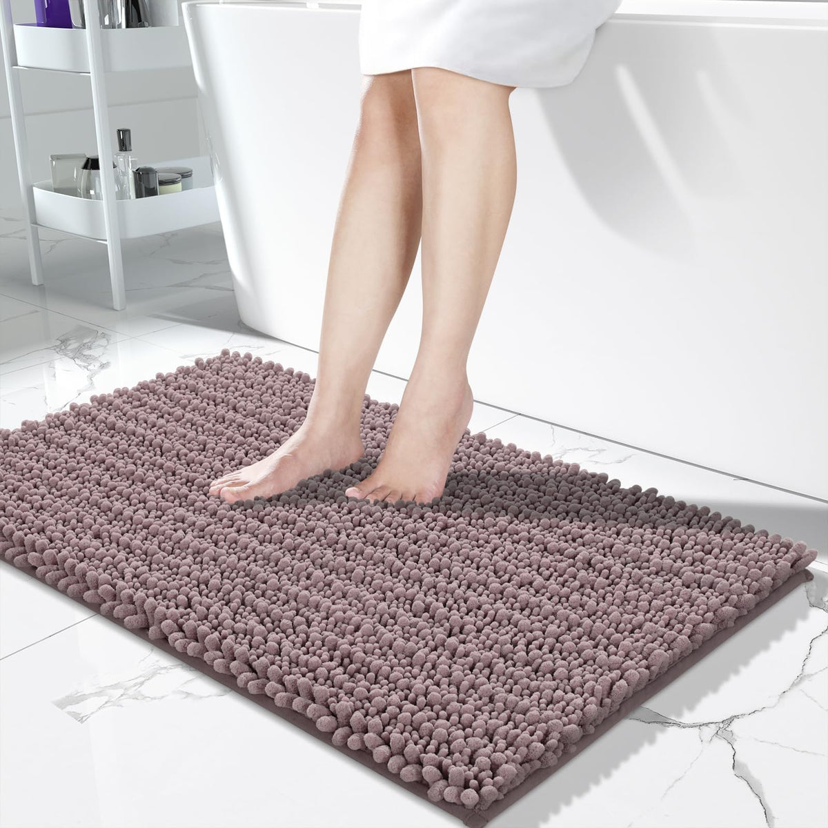 Yimobra Bathroom Rugs Non-Slip Washable – Extra Soft & Absorbent Chenille Bath Mat, Quick-Dry Plush Shaggy Floor & Vanity Bath Rugs for Tub & Shower, Modern Home Decor Accessories, 24 x 17, Grey