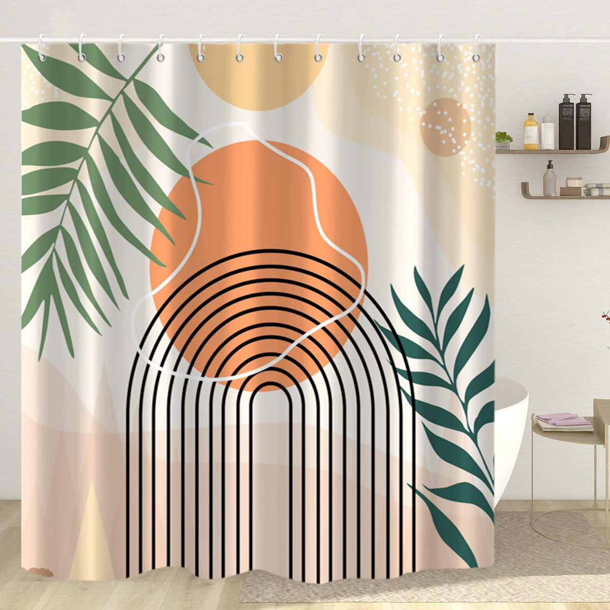Boho Mid Century Shower Curtain, Modern Abstract with Hooks 72x72