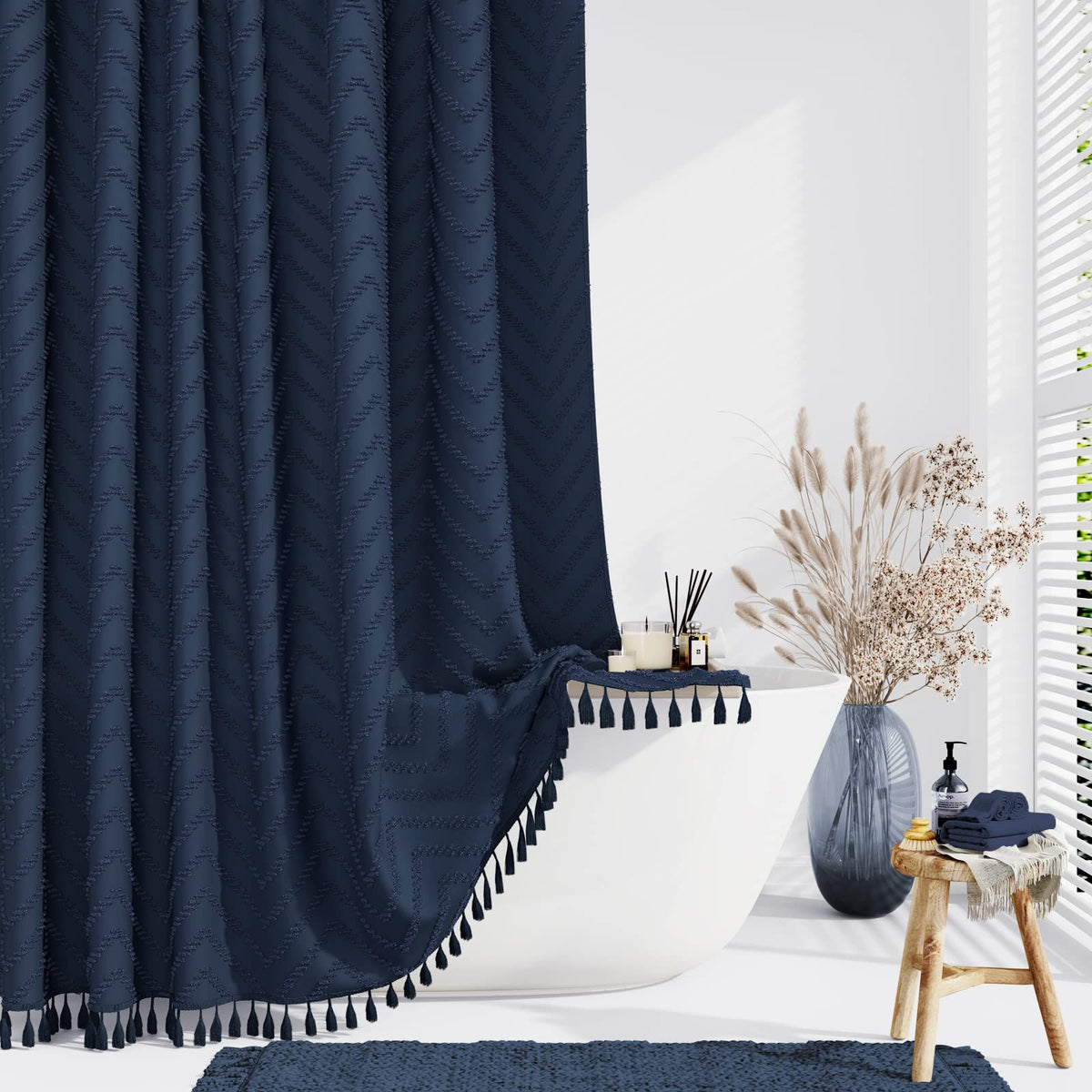 Dynamene Boho Farmhouse Fabric Shower Curtain Tufted Chevron 72"x72" Black