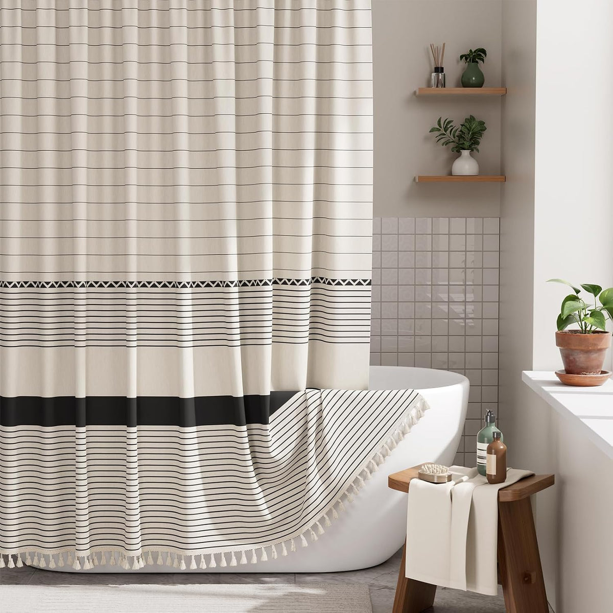 AmazerBath Boho Shower Curtain, Modern Farmhouse Shower Curtain Set with Tassels, Rustic Faux Linen Green Striped Shower Curtain with Hooks, Light Tan Toned, 72x72 Inches