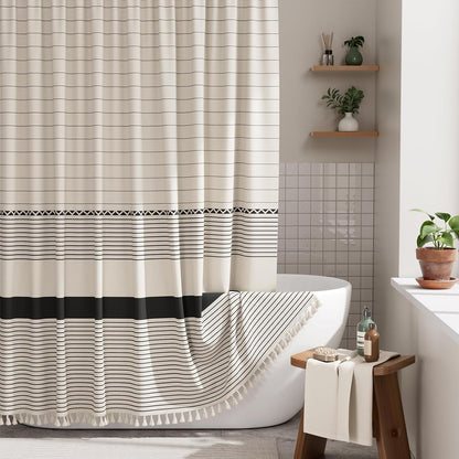 AmazerBath Boho Shower Curtain, Modern Farmhouse Shower Curtain Set with Tassels, Rustic Faux Linen Green Striped Shower Curtain with Hooks, Light Tan Toned, 72x72 Inches