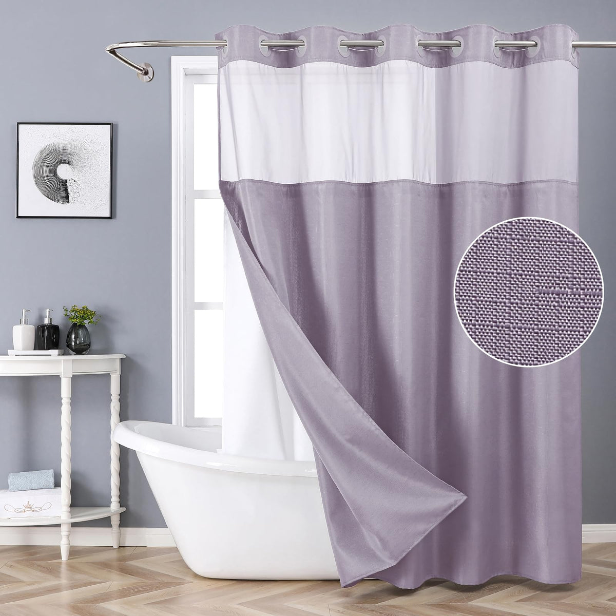 eachope White No Hook Shower Curtain with Snap-in Fabric Liner Set,Slub Textured Fabric Shower Curtains for Bathroom,Hotel Style Modern Shower Curtain,Water Repellent & Washable,71x74(72)