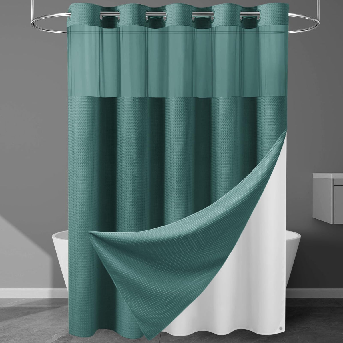 256GSM Heavyweight Ringless Waffle Shower Curtain with Liner, 71x74, Grey