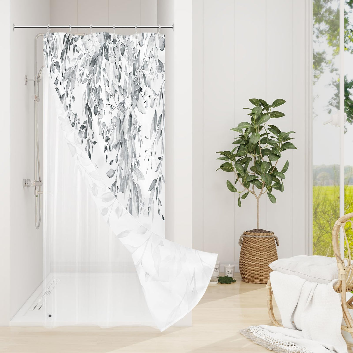 Gibelle 3 in 1 Shower Curtain Set, Grey Eucalyptus Curtain 72x72