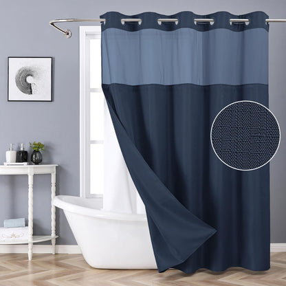 eachope White No Hook Shower Curtain with Snap-in Fabric Liner Set,Slub Textured Fabric Shower Curtains for Bathroom,Hotel Style Modern Shower Curtain,Water Repellent & Washable,71x74(72)
