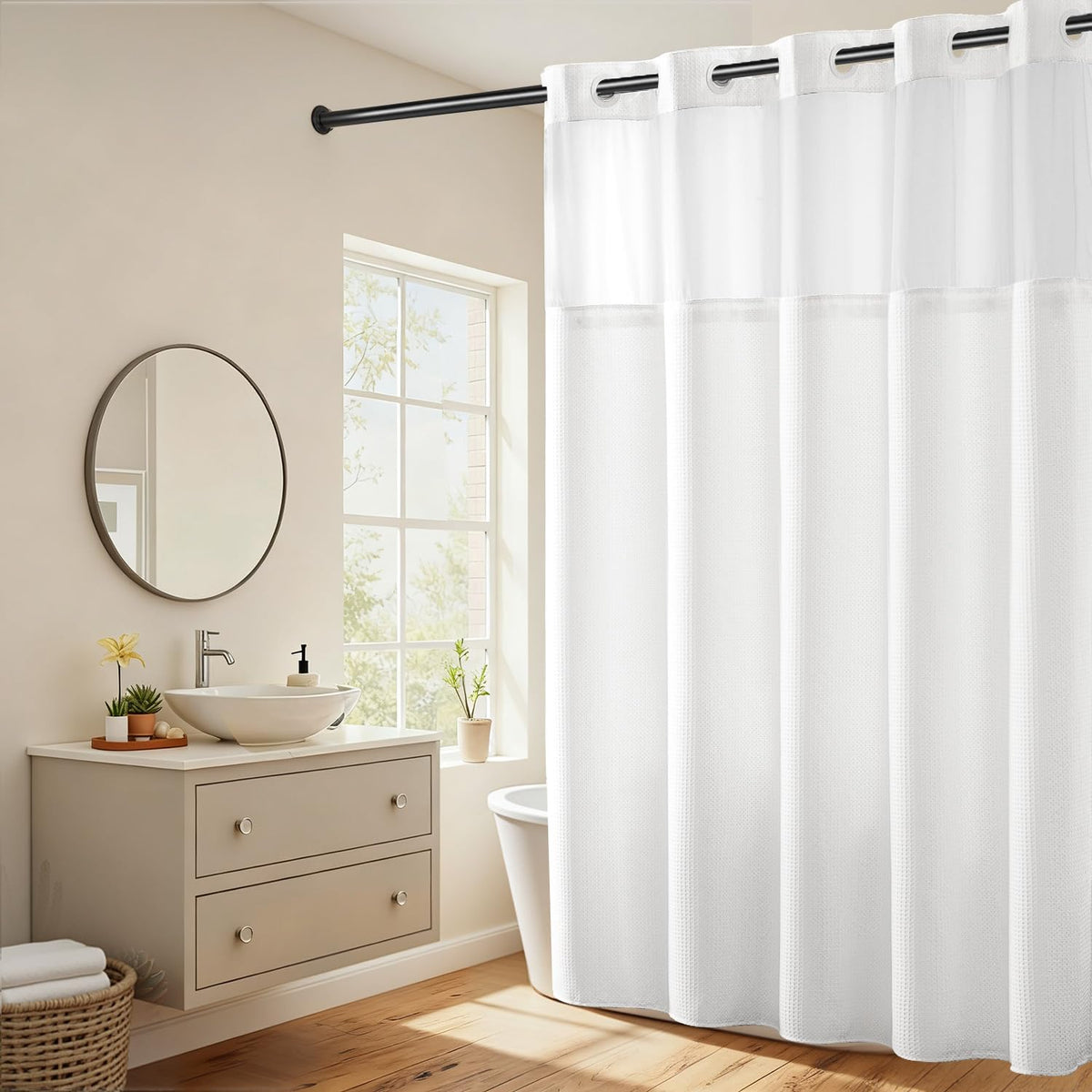 River Dream Waffle No Hook Shower Curtain with Liner,Navy Blue,71x74