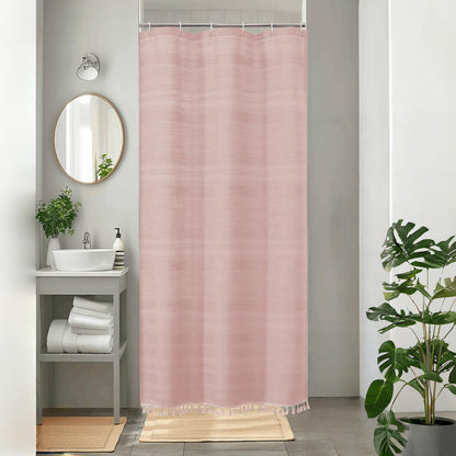 OVZME Natural Linen Shower Curtain for Bathroom, Boho Farmhouse Rustic Striped Shower Curtain with Tassel, Textured Heavy Duty Vintage Country Bathroom Curtain, 72Wx72L Inches