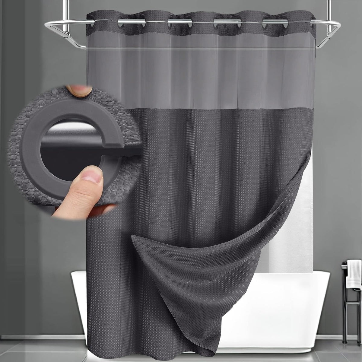 No Hook Shower Curtain with Liner Set Hotel Waffle Curtain Black 72W X 75L