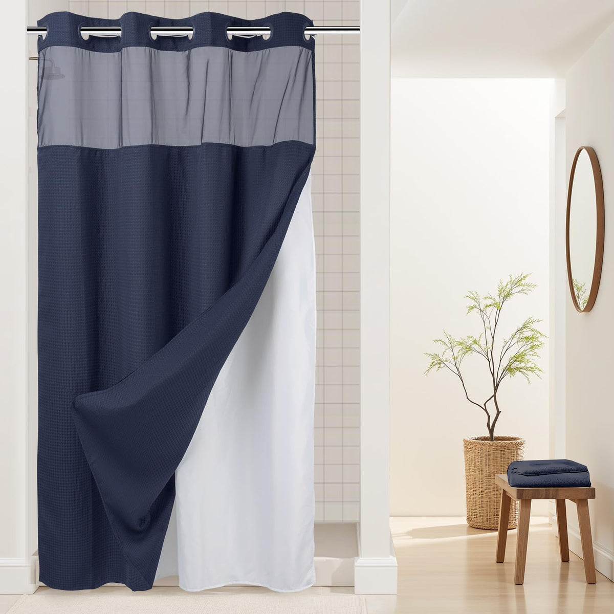 River Dream Waffle No Hook Shower Curtain with Liner,Navy Blue,71x74