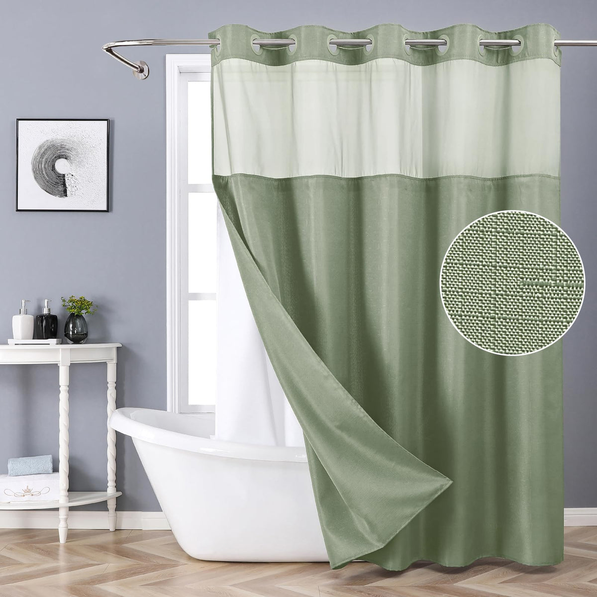 eachope White No Hook Shower Curtain with Snap-in Fabric Liner Set,Slub Textured Fabric Shower Curtains for Bathroom,Hotel Style Modern Shower Curtain,Water Repellent & Washable,71x74(72)