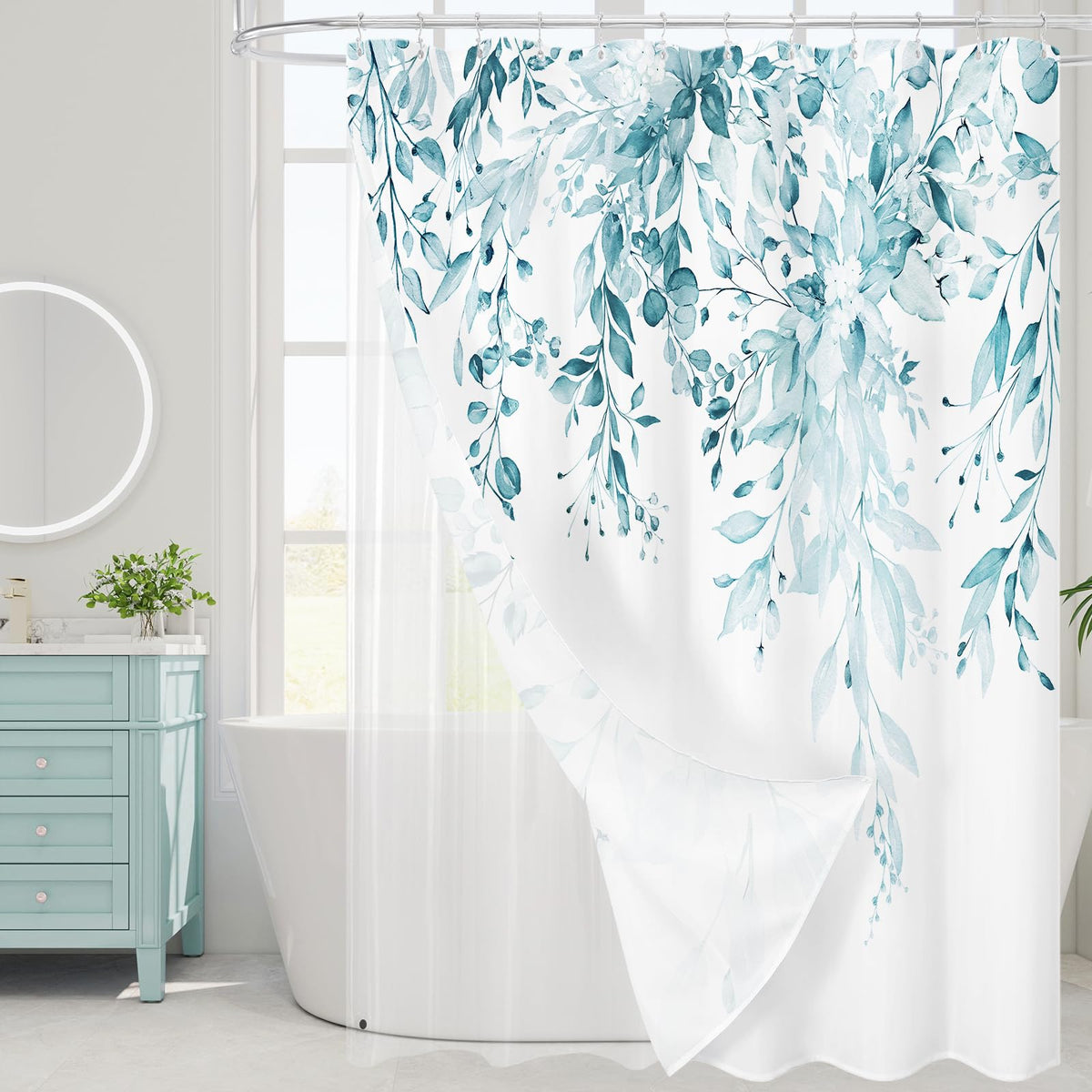 Gibelle 3 in 1 Shower Curtain Set, Grey Eucalyptus Curtain 72x72