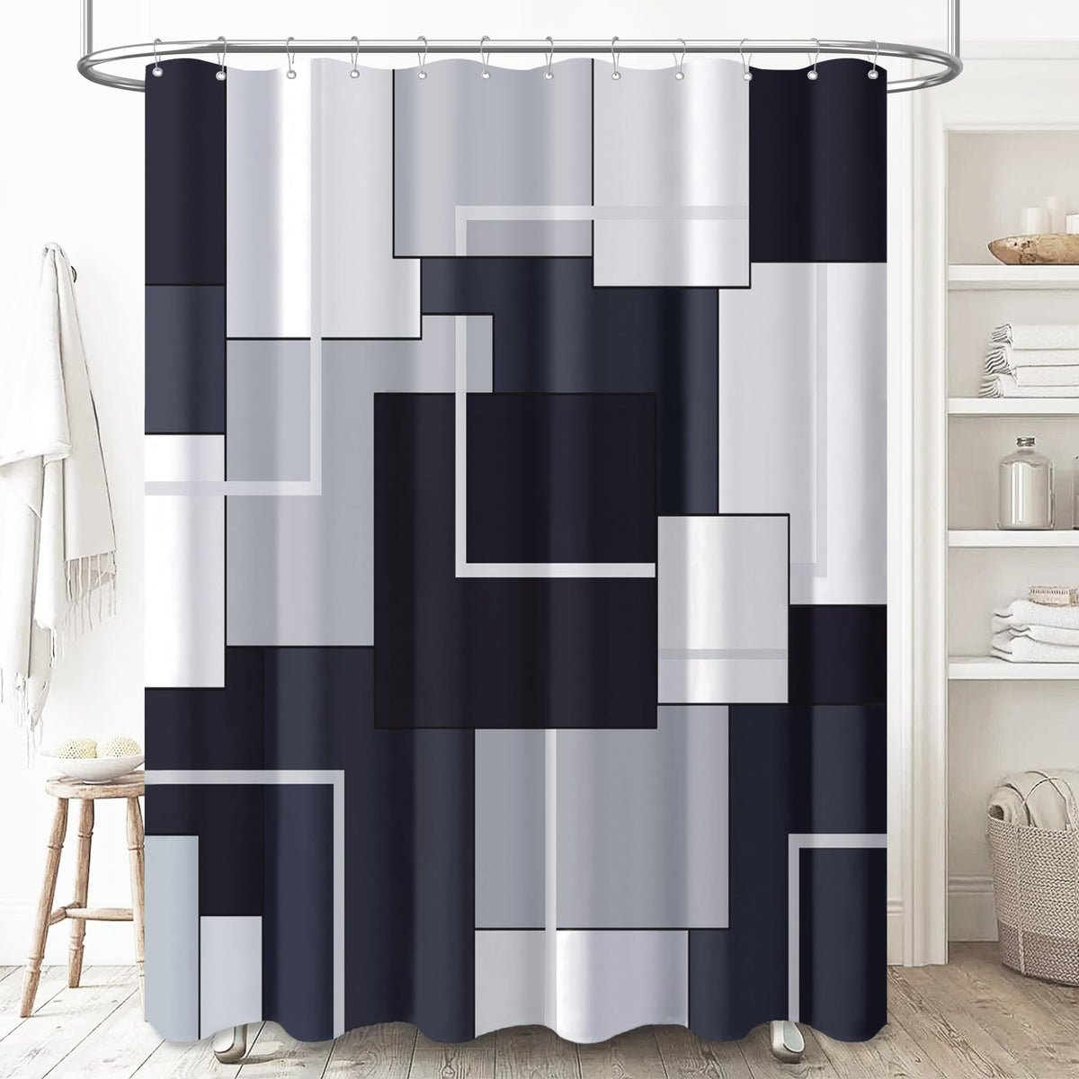 BTTN Navy Blue Modern Geometric Waterproof Fabric Shower Curtain, 72x72