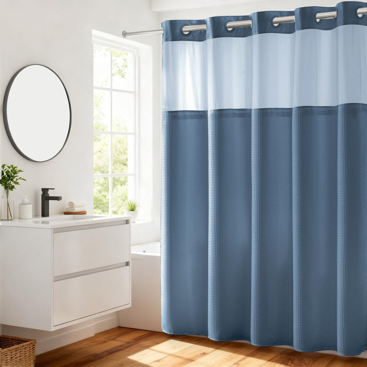 River Dream Waffle No Hook Shower Curtain with Liner,Navy Blue,71x74