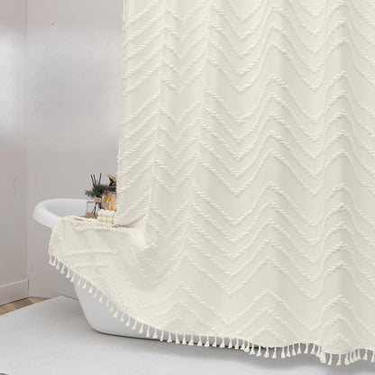 OWENIE Boho Shower Curtain, White Fabric Cloth Shower Curtains Farmhouse Tufted Chevron Striped Textured with Tassel for Bathroom, Soft Hotel Style Modern Minimalist, Machine Washable, 72x72, White
