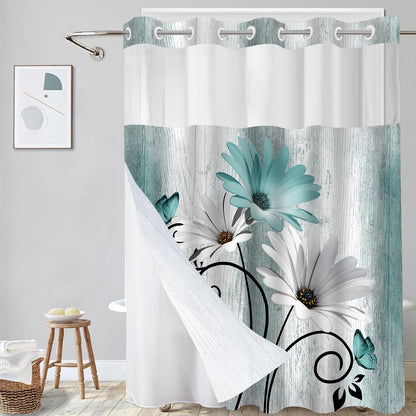 Hookless Shower Curtain with Snap in Liner, Blue Colorful Floral, 72W x 75L
