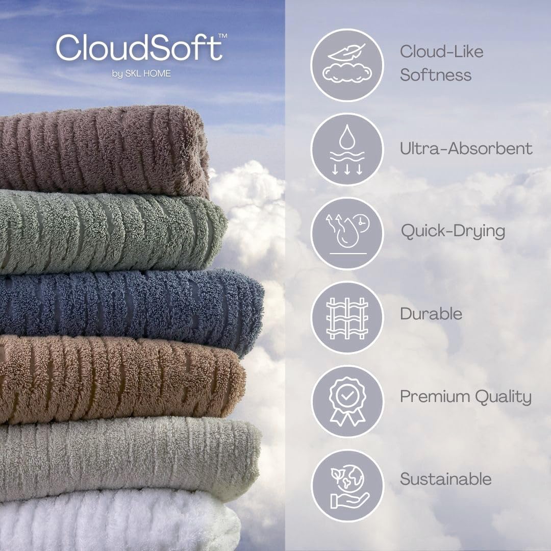SKL Home CloudSoft Hand Towel Set, 2-Piece, 100% Cotton Luxury, Oatmeal