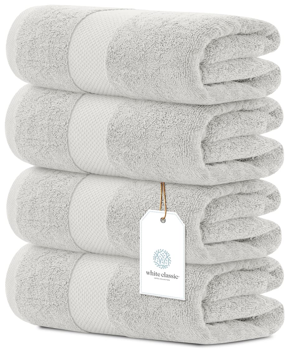 White Classic Luxury Dolphin Gray Bath Towels 4 Pack, 27x54, Turkish Cotton