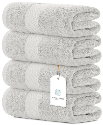 White Classic Luxury Dolphin Gray Bath Towels 4 Pack, 27x54, Turkish Cotton