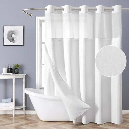 eachope White No Hook Shower Curtain with Snap-in Fabric Liner Set,Slub Textured Fabric Shower Curtains for Bathroom,Hotel Style Modern Shower Curtain,Water Repellent & Washable,71x74(72)