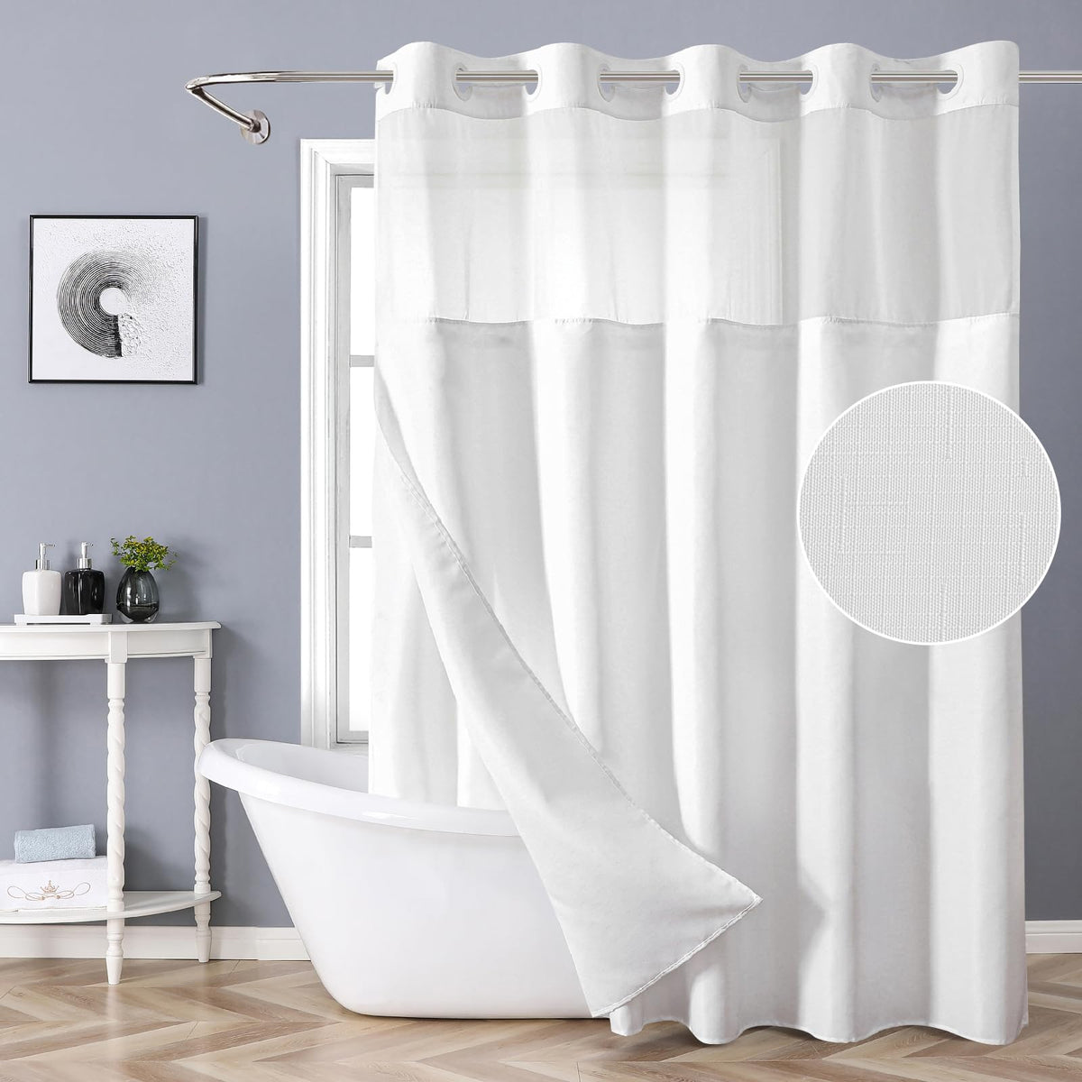 eachope White No Hook Shower Curtain with Snap-in Fabric Liner Set,Slub Textured Fabric Shower Curtains for Bathroom,Hotel Style Modern Shower Curtain,Water Repellent & Washable,71x74(72)