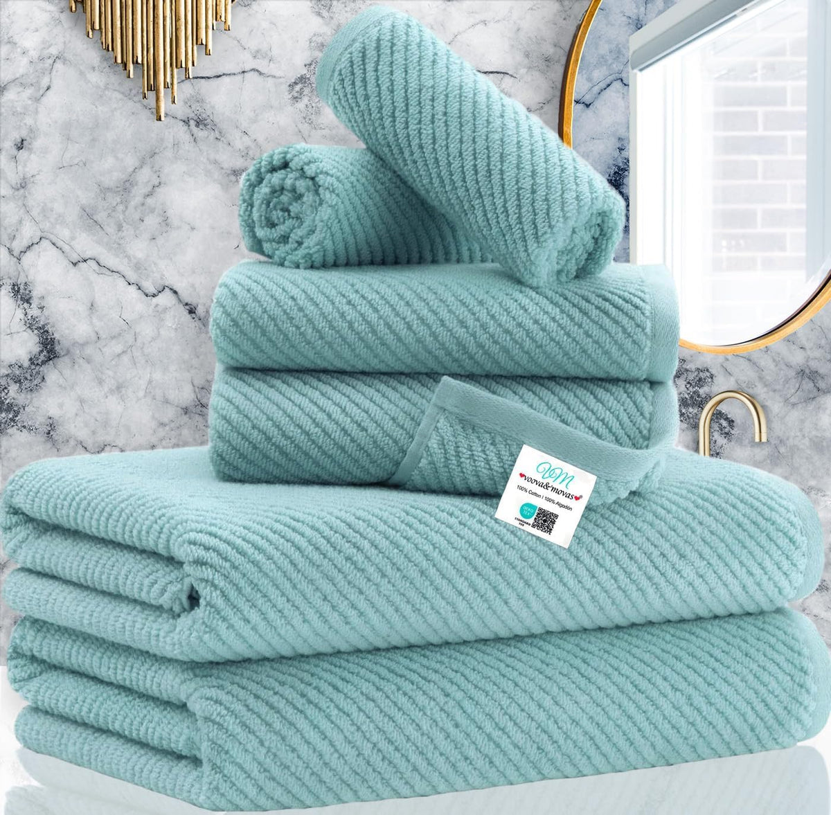 VOOVA & MOVAS 6PC Towel Set, 100% Cotton, Aqua Teal