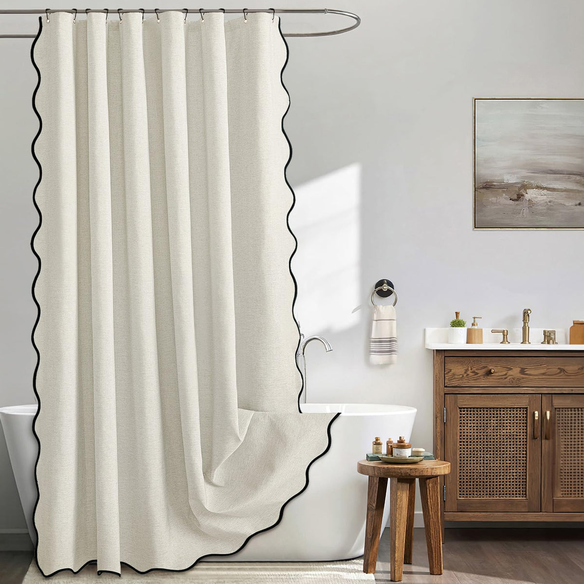 MIULEE 72"x84" Extra Long Scalloped Linen Shower Curtain Cream Beige