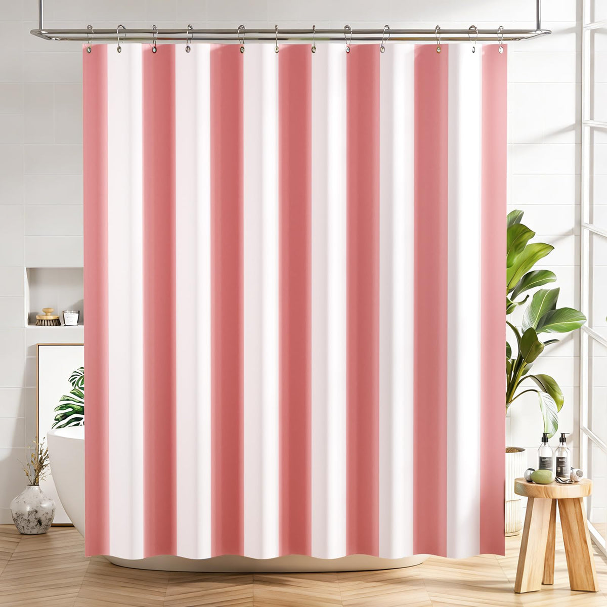 AmazerBath Shower Curtain, Washable Cloth Black Shower Curtain Sets with 12 Shower Curtain Hooks, Fabric Rustic Black and White Striped Curtain, Farmhouse Bathroom Curtains, 72x72 Inches