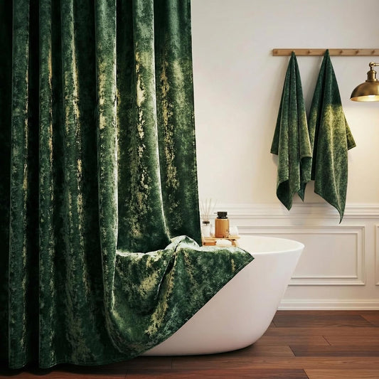 TAMGHO Crushed Velvet Shower Curtain, Dark Green Luxury Shower Curtain with Gold Decro Metal Hooks, Machine Washable Thick Fabric Bathroom Curtain, 72x72