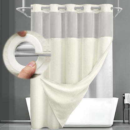 No Hook Shower Curtain with Liner Set Hotel Waffle Curtain Black 72W X 75L