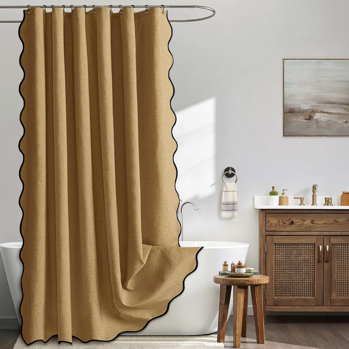 MIULEE Beige Scalloped Shower Curtain Linen Textured with 12 Metal Hooks Cute Heavy Duty Washable Waterproof Neutral Thick Cloth Shower Curtains with Black Border for Bathroom Bathtub,W72*L72 Cream