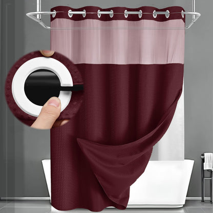 No Hook Shower Curtain with Liner Set Hotel Waffle Curtain Black 72W X 75L