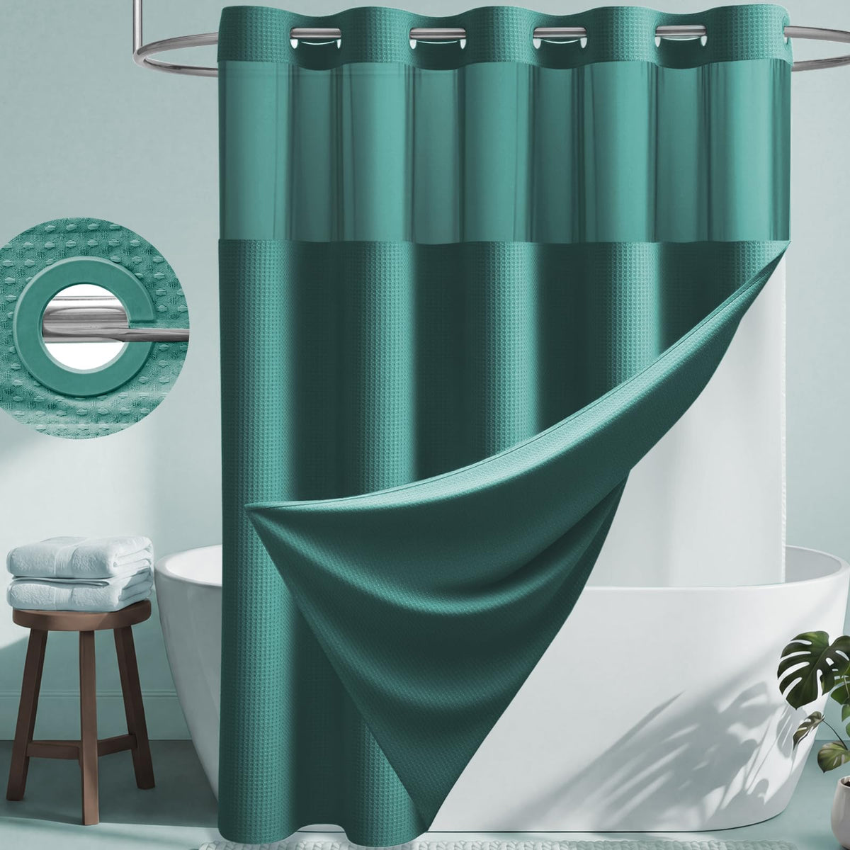 Dynamene Ringless Waffle Weave Fabric Shower Curtain Set, Black, 72"x75"