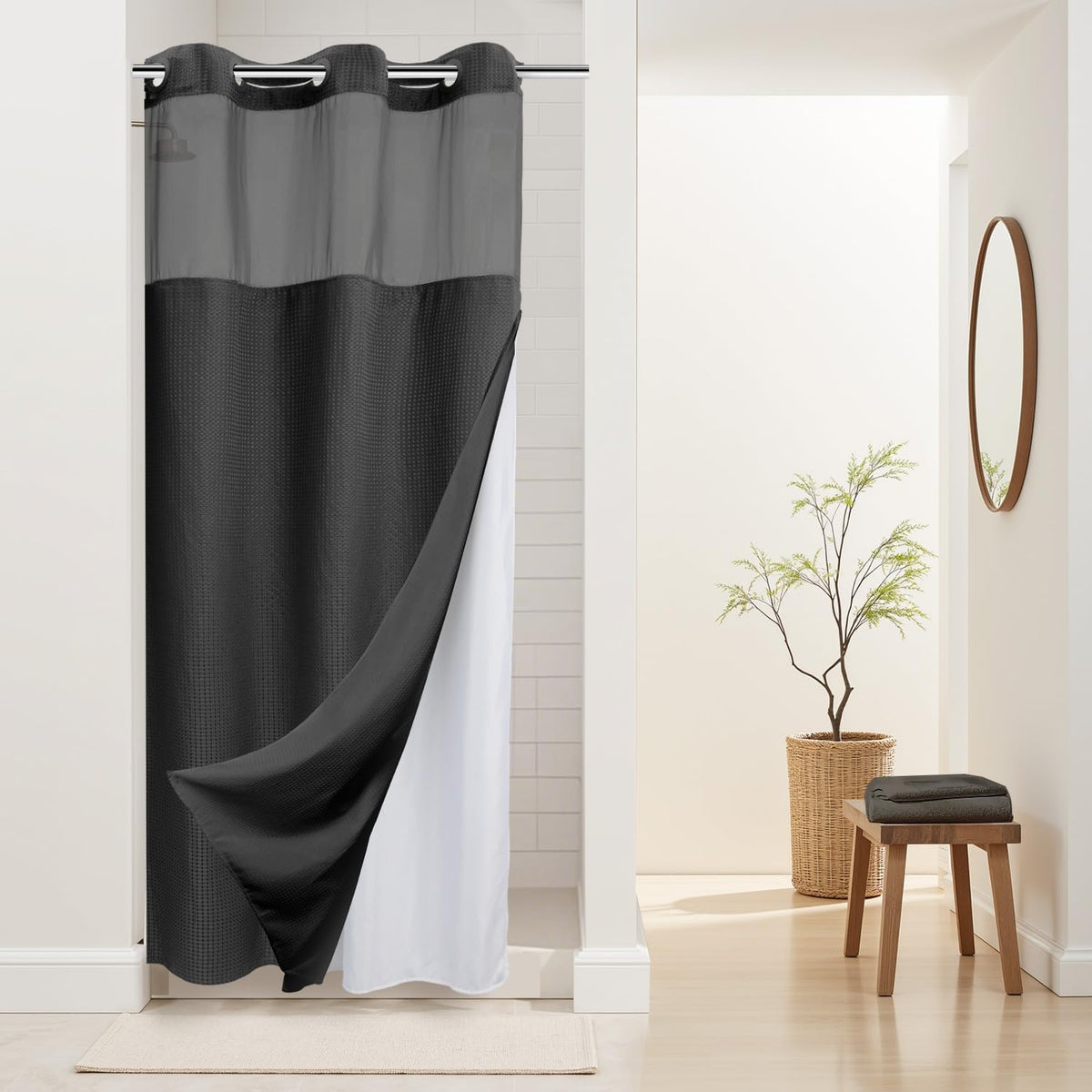 River Dream Waffle No Hook Shower Curtain with Liner,Navy Blue,71x74