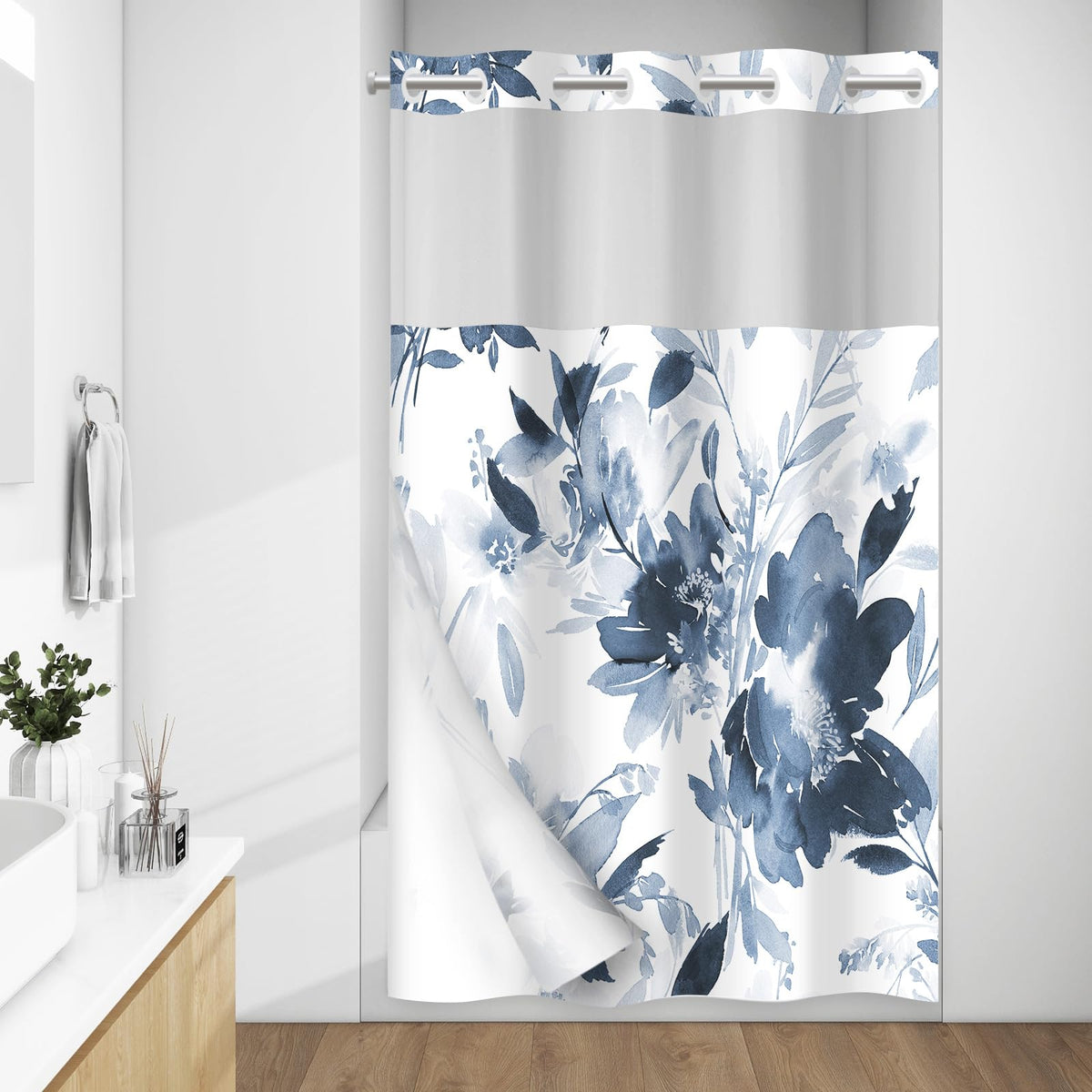 WITHLOC Hook Free Floral Shower Curtain with Liner, Blue Beige, 71x74