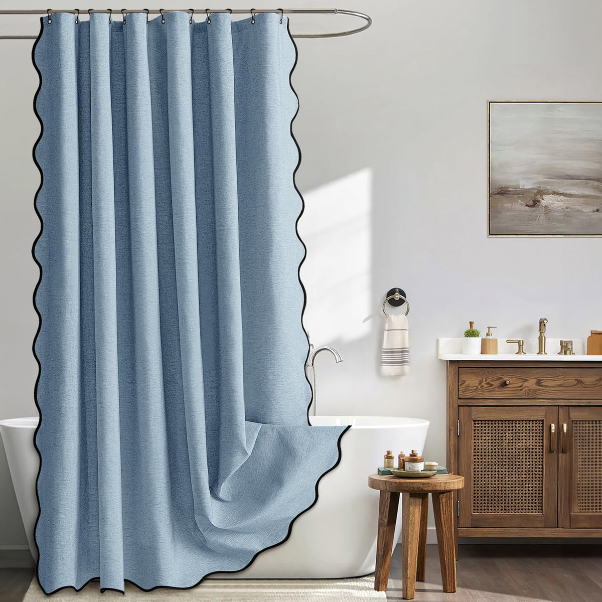 MIULEE Beige Scalloped Shower Curtain Linen Textured with 12 Metal Hooks Cute Heavy Duty Washable Waterproof Neutral Thick Cloth Shower Curtains with Black Border for Bathroom Bathtub,W72*L72 Cream