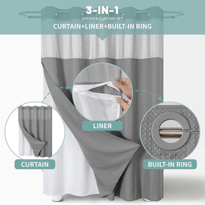 eachope No Hook Waffle Shower Curtain with Snap-in Liner, 71x74 Inch, Grey