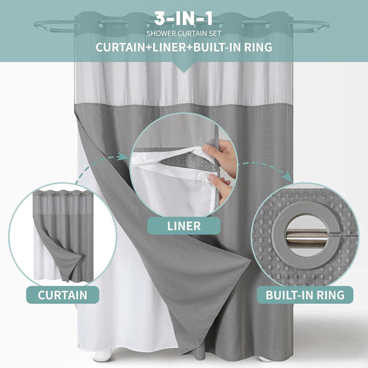eachope No Hook Waffle Shower Curtain with Snap-in Liner, 71x74 Inch, Grey