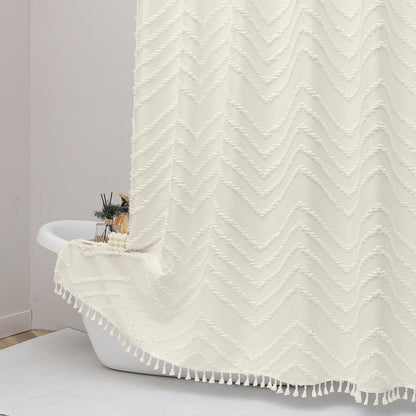 OWENIE Boho Shower Curtain, White Fabric Cloth Shower Curtains Farmhouse Tufted Chevron Striped Textured with Tassel for Bathroom, Soft Hotel Style Modern Minimalist, Machine Washable, 72x72, White
