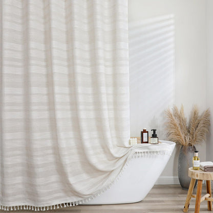 OVZME Natural Linen Shower Curtain for Bathroom, Boho Farmhouse Rustic Striped Shower Curtain with Tassel, Textured Heavy Duty Vintage Country Bathroom Curtain, 72Wx72L Inches