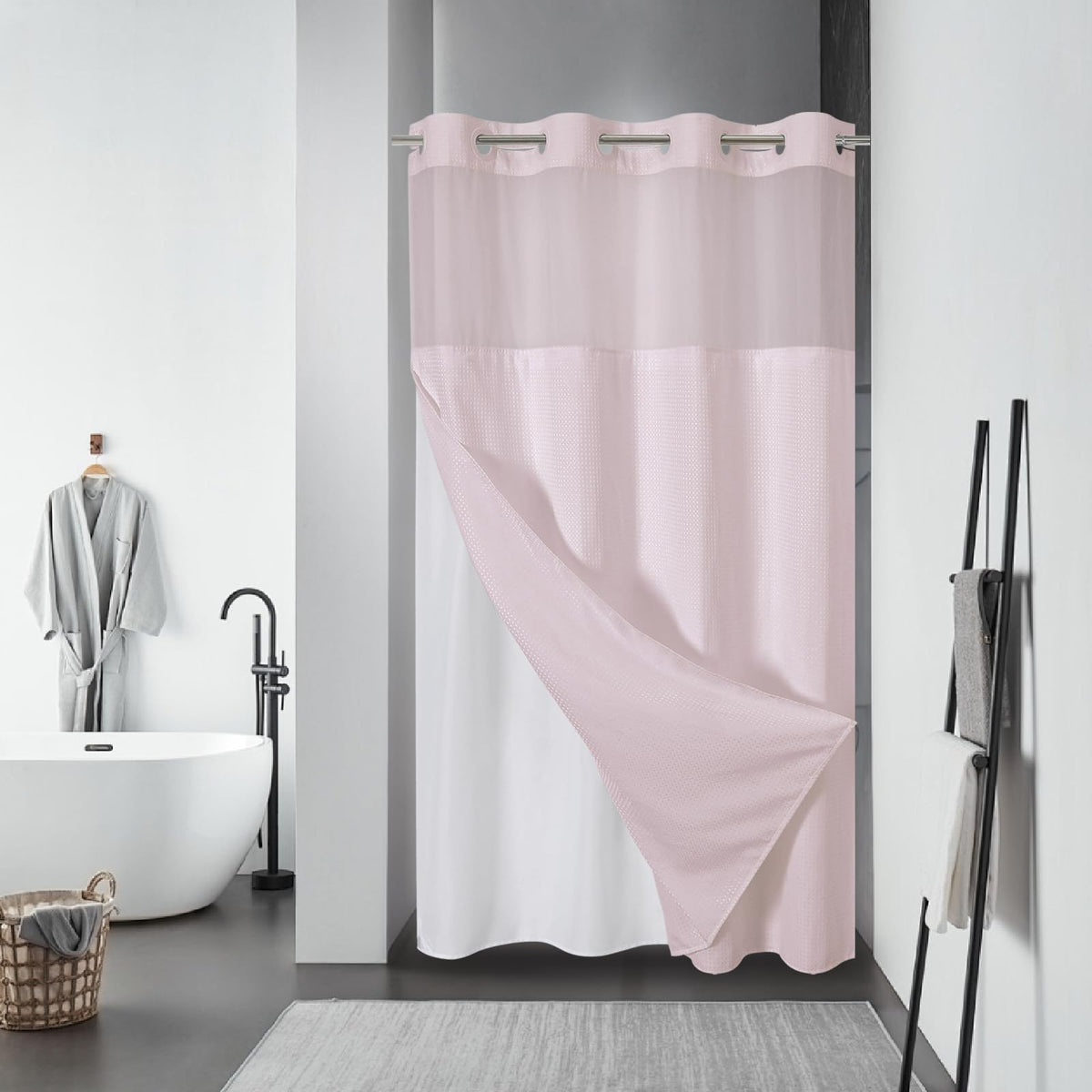 No Hook Extra Long Waffle Shower Curtain with Snap-in Liner,71x98,SageGreen