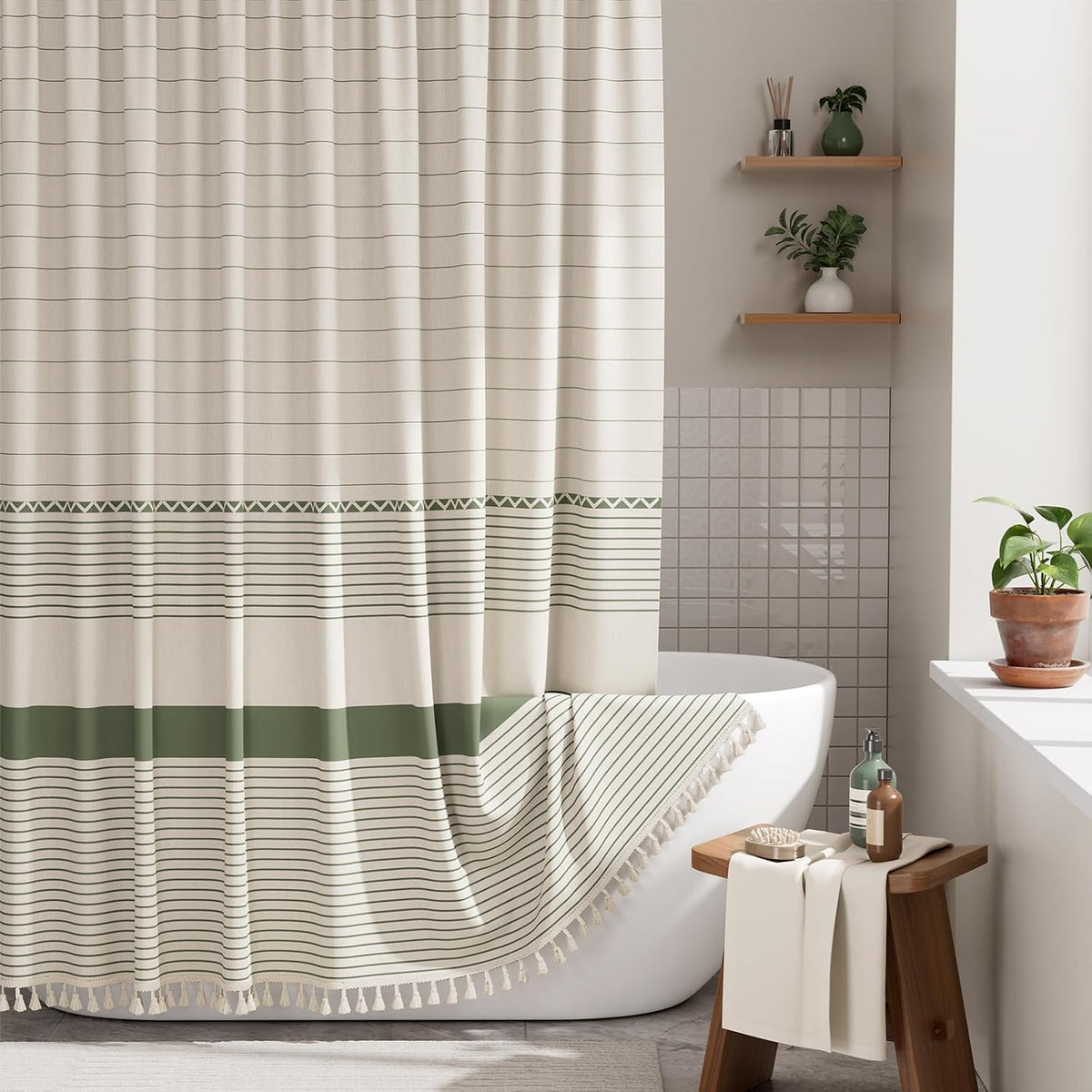 AmazerBath Boho Shower Curtain, Modern Farmhouse Shower Curtain Set with Tassels, Rustic Faux Linen Green Striped Shower Curtain with Hooks, Light Tan Toned, 72x72 Inches