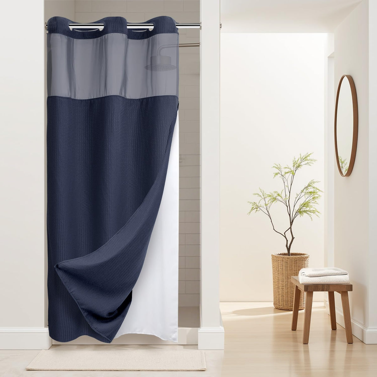 River Dream Waffle No Hook Shower Curtain with Liner,Navy Blue,71x74